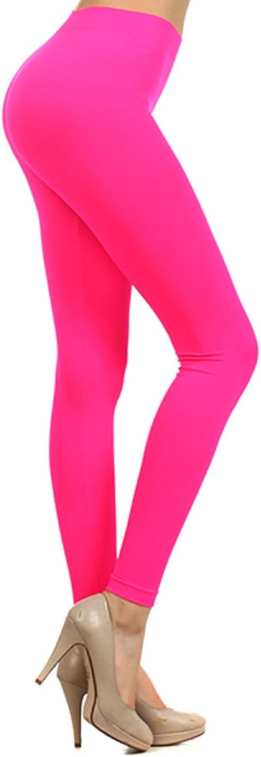 Neon Colored Seamless Full Length Leggings Stretchy Pants Athletic Tights (PINK)