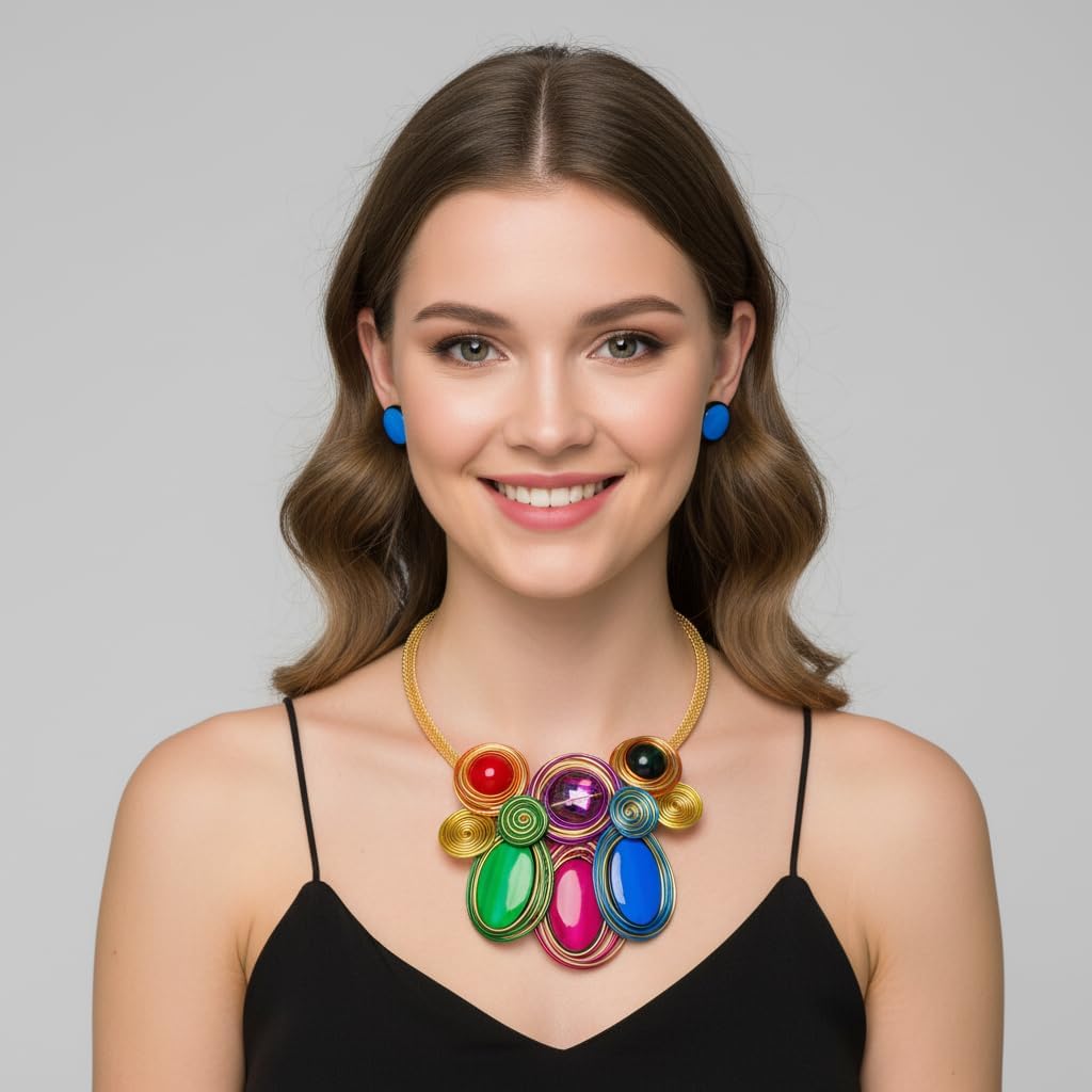 Statement Necklace and Earring Set, Purple Spiral Wire Design with Iridescent Stones,Gold Mesh Chain - Image 9