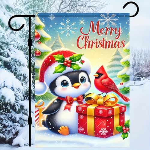 Image of BlissYard Christmas Garden Flag 12x18 Inch Penguins Yard Decor | Double sided polyester, penguins with scarves design, playful animal decor for Christmas porch and yard