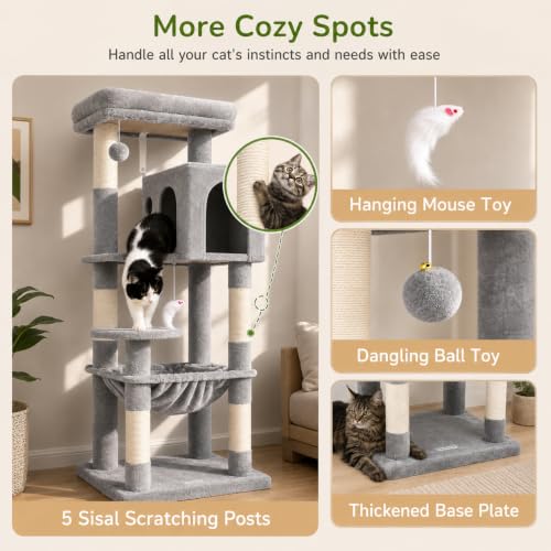 Image of Globlazer Cat Tree Tower with Scratching Post for Indoor Cats, 53inch Tall Plush Multi-Level Cat Climbing Tower Condo House with Large Hammock, Spacious Cat Cave, Padded Top Perch Bed, F53, Light Gray