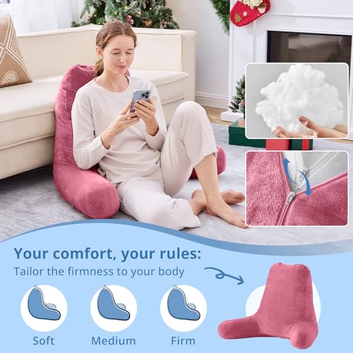 Image of Sasttie Reading Pillow for Bed, Back Pillow for Sitting Up, Rose Pink | 25 inch Backrest Support Cushion for Couch, Sofa, and Floor, Dorm Essentials, OEKO-TEX, Adjustable Down Alternative Fill