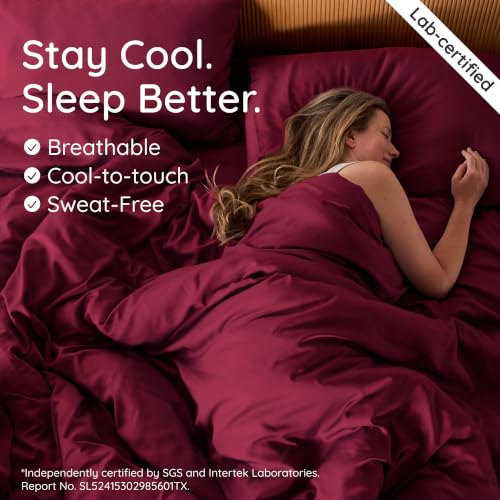Image of Bambaw 100% Viscose Derived from Bamboo Duvet Cover King Size - 3 Piece Cooling Duvet Cover Set, Super Soft Duvet Cover King Size, Breathable Duvet Cover King, Soft Bedding, No Comforter (Burgundy)