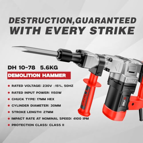 Image of IBELL DH10-78 Heavy Duty Demolition Hammer - 6Kg, 1150W Copper Armature Motor, 17mm HEX Chuck, 10J Impact Energy, 4100 BPM - Heavy Duty Concrete & Masonry Breaker - 6 Months Warranty