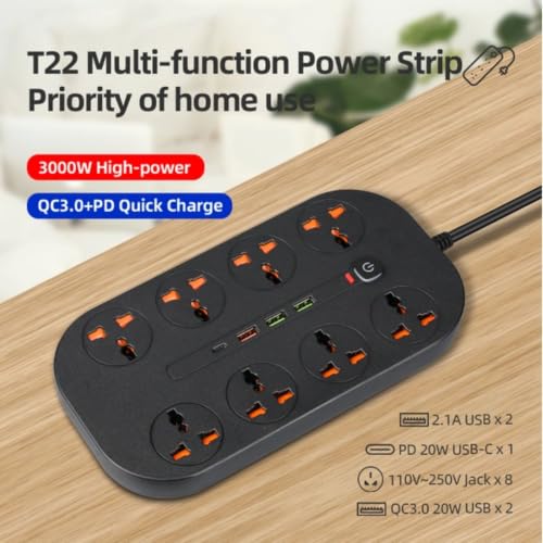 Image of 12 in 1 Universal Extension Board with 8 Sockets 3 USB Ports, 1 PD Type-C Fast Charging | 3000W Heavy Duty Power Strip with Switch | 6 Ft Extension Cord for Home Office TV Computer Mobile