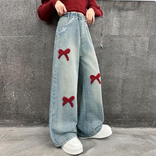 Girls Cute Bow Graphic Elastic Waist Jeans Wide Leg Loose Comfy Summer Kids Denim Pants for 5-15 Years2