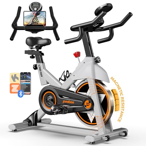 POOBOO Exercise Bike, Stationary Bike for Home Gym w/Built-in Bluetooth, Magnetic Resistance Indoor Cycling Bike w/Comfortable Seat Cushion & Tablet Mount, Silent Belt Drive Indoor Bike for Cardio