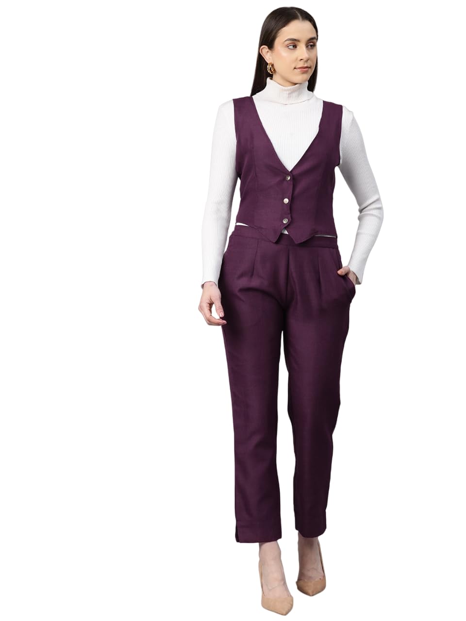 cottinfab Women Solid Wine Waistcoat Suit Set-picture-16