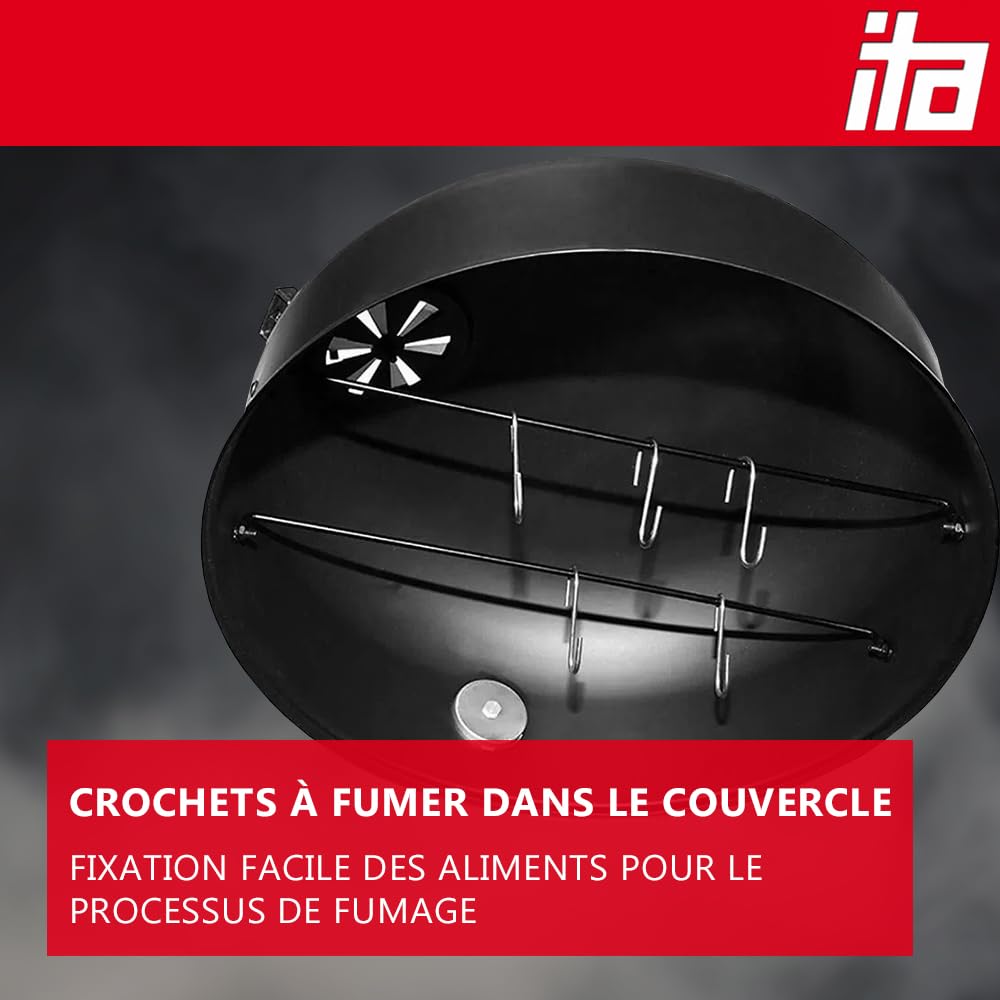 ITA Barbecue Multifonction 3 en 1 - Griller, Fumer, Cuire - Barbecue modulaire à Charbon de Bois avec thermomètre & régulation d'air sur Le Couvercle - Fumoir tonneau