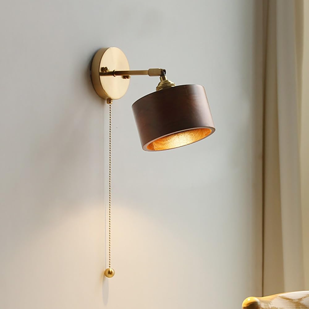 COSRUB Mid Century Wood Wall Sconce Light, Adjustable Walnut Wall Lamps Pull Chain Switch Retro Farmhouse Geometry Wall Lighting for Bedroom Bedside Study Entryway(Cylindrical)