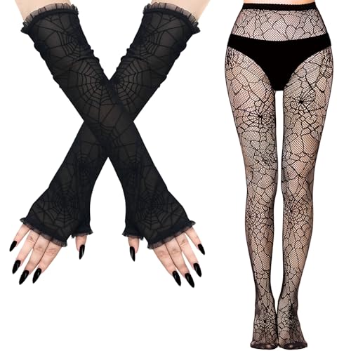 2 Stück Netzstrumpfhose Schwarz Halloween Handschuhe Fingerlos, Strumpfhose Spinnennetz Fingerlose Handschuhe, Spinnen Strumpfhose Damen, Strumpfhosen Damen Muster für Halloween Karneval Cosplay