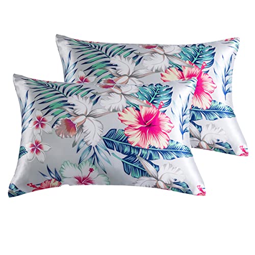 Silky Satin Pillowcase, Vintage Floral Pillow Covers 2 Pack Pillowcases for Hair and Skin Luxury Bed Pillow Cover Cooling Satin Pillow Shams Set Queen Size