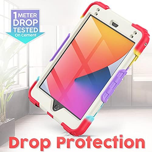 Timecity iPad Mini 5 4 Kids Case, Hard Shell Shockproof 7.9 Inch Cases with Screen Protector, 360 Rotating Stand, Shoulder & Hand Strap, Pen Holder for iPad Mini 5th 4th Generation Cover, White+Red