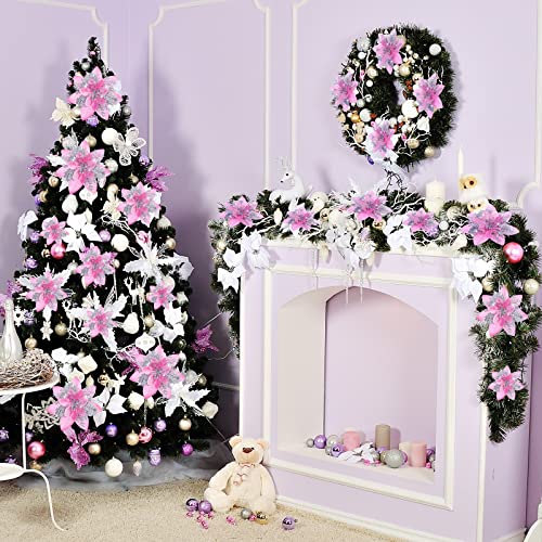 36 Pcs Christmas Glitter Artificial Poinsettia Flowers Xmas Poinsettia Artificial Wedding Flowers Decorations Xmas Tree Ornaments with Clips for Party Favors 6 Inch - Image 4