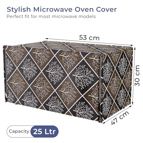 Image of Kuber Industries 25 Ltr PVC Microwave Oven Cover for Kitchen | Microwave /Oven /Otg Cover - Protects from Spills, Stains & Scratches | New Tree Print - Black & Brown