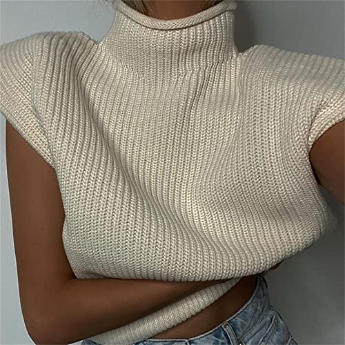 Women Casual Knitted Vest Turtleneck Sleeveless Sweater Top Shoulder Pads Pullover Knitwear Vest Streetwear (Apricot, S) #TOP3