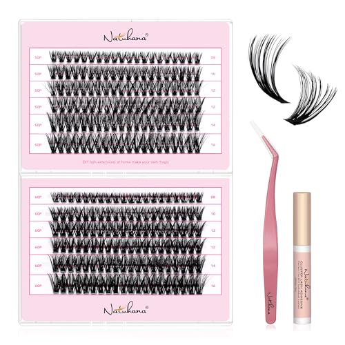 Natuhana Lash Clusters Kit 240Pcs Wispy Eyelash Extensions C Curl 8-16mm Volume Individual DIY Lashes with Glue and Tweezers(50P+60P, Black, 8-16mm)