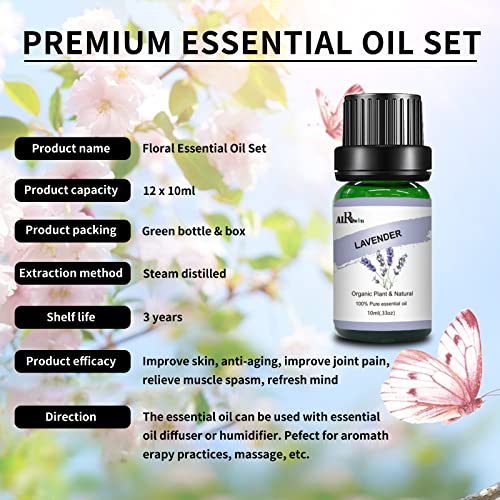 Airoomoil Floral Essential Oils Set Of 12 X 10Ml, Natural Flower Essential Oils For Diffusers For Home, Scented Soap Making, Candle Making, Massage - Rose, Jasmine, Lavender Essential Oil And More. #TOP1
