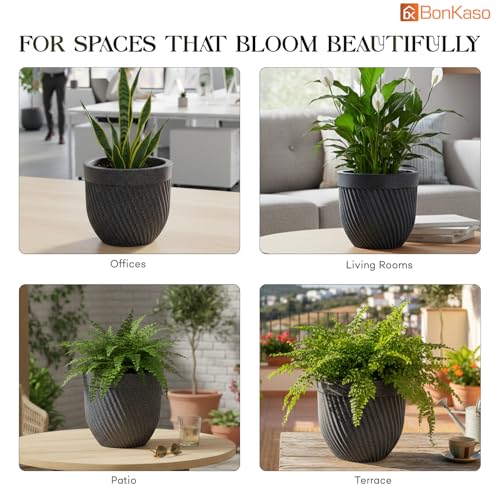 Image of Bonkaso 12 Inch Seltos Ribbed Planter for Indoor & Outdoor Use | Round Heavy Duty Polymer Flower Pot | Lightweight Weather Resistant Modern Gamla for Living Room Balcony & Terrace (Dark Grey)
