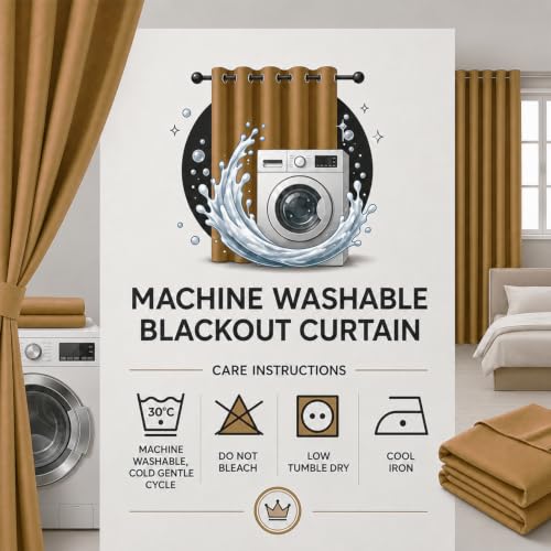 Image of 100% Blackout Window Curtains, 7 Feet, Solid Design, Faux Silk, Thermal Insulated, Noise Reducing Eyelet Door Curtain with Tie Back for Living Room & Bedroom, 115x210cm, Pack of 2 - Gold