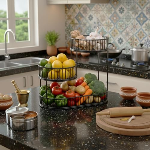 Image of 3 Tier Fruit Basket Bowl for Kitchen | Countertop Metal Wire Kitchen Storage Basket for Fruits, Vegetables and Snacks - Black