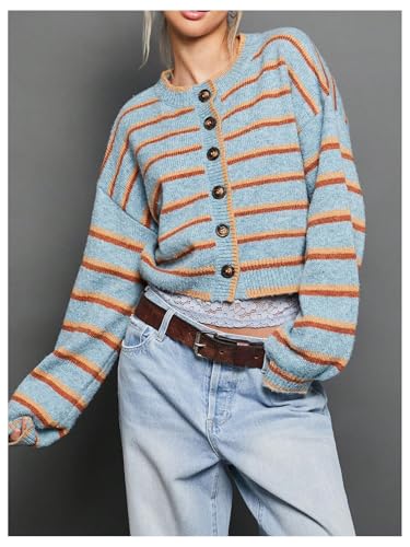 Image of BEAUDRM Women's Striped Button Down Crop Cardigans Long Sleeve Crew Neck Knitted Cardigan Sweaters Multicolor X-Large