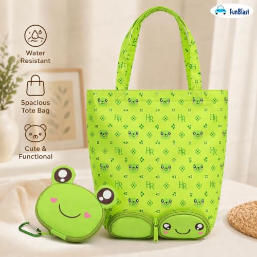 Image of FunBlast Foldable Shopping Bag - Cartoon Design Carry Bag with Zipper Pouch, Foldable Tote Bag for Girls & Women, Multipurpose Reusable Pouch Bags, Lightweight Travel Handbag with Handle Strap (Frog)