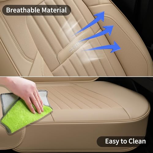 Image of Coverado Beige Nappa Leather Car Seat Covers, Universal Fit Front Seats, 2-Pack Waterproof Seat Covers, Perforated Faux Leather, Compatible with Most Cars Trucks