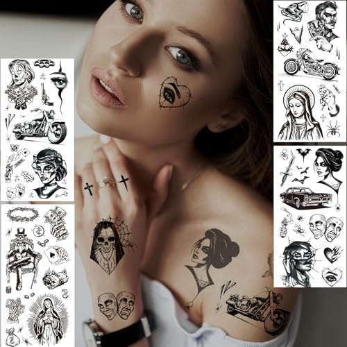 Image of 12 Sheets Large Chicano Temporary Tattoos, Cholo and Chola Temporary Tattoos, Chicana Guadalupe Gangster Fake Tattoos Day of the Dead, Dia de Muertos, Tatuajes Temporales, Halloween Mexico Tattoos
