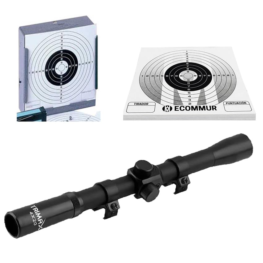 Pack precisión para iniciación de escopetas, carabinas y Rifles de balines: Visor telescópico 4x20 + cazabalines/tragabalines Plano + 100 dianas 14x14