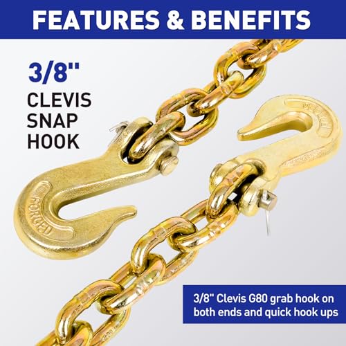 Image of Load Binder Chain,3 /8 inchx10ft Tow Chain with G70 Hooks,5400lbs Safe Working Load,G80 Heavy Duty Chain,Logging Chain for Transporting Towing, Tie Down Binding Equipment