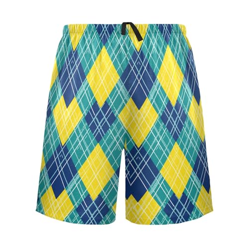 Blue Yellow Plaid Mens Pajama Shorts Lounge Pajamas for Men Sleep PJ Shorts Sleepwear, S2