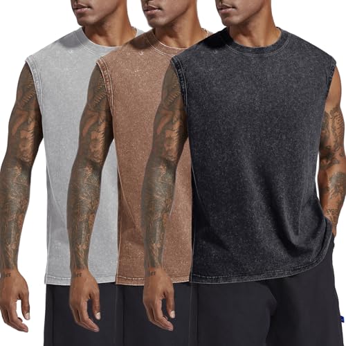 Mens Cotton Workout Gym Tank Top Sleeveless Cut Off Muscle Shirts Acid Wash Tshirts Running Beach Loose Fit Tees