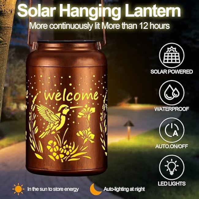Solar Lantern Outdoor Hanging Waterproof Outside Metal Openwork Hummingbird Pattern Birthday Gifts for Women Mom Landscape Lights for Porch Garden Yard Patio Pathway Decor£¨Hummingbird£©