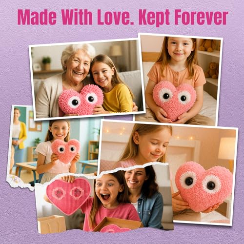 Image of Latch Hook Kit for Kids - Googly Eyes Heart Rug Pillow Craft, Ages 6+