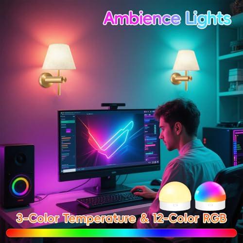 Image of Battery Operated Wall Sconce Set of 2, Gold Rechargeable Wall Lights with 10000mAh Dimmable Bulbs RGB Wireless Wall Lamps with Remote, 15 Colors for Bedroom Living Room Hallway Wall Decor