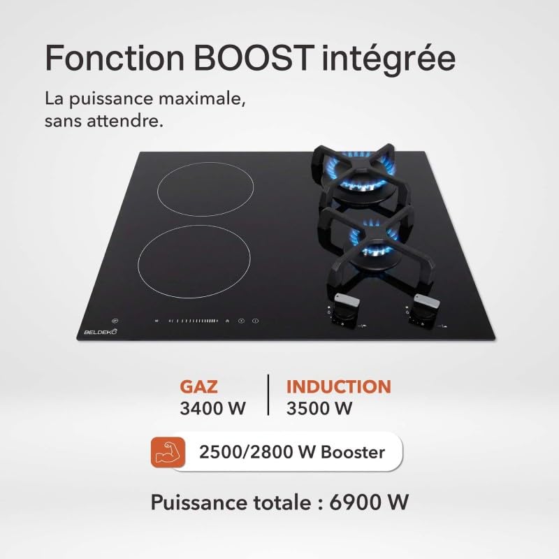 BELDEKO Plaque Mixte 2 Gaz + 2 Induction 6900W - Marque Française