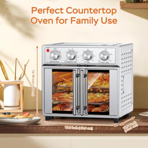Image of PlumChef 27.5 Quart Extra Large 6 Slices Air Fryer Convection Toaster Oven, French Door, 1700W, Multifunction Oven for Air Fryer, Toast, Grill, Defrost, Bake (Stainless Steel)