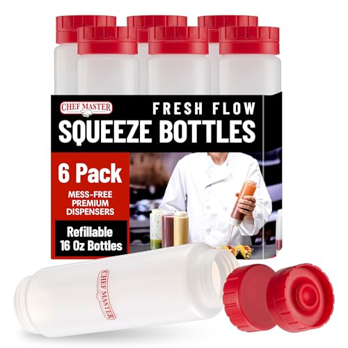 Chef Master Squeeze Bottles for Sauces (6-Pack) - Fill & Flip, Refillable 16 Oz. - Condiment Squeeze Bottles for Liquids, Sauces, Batter & Dressing - Made for Restaurants, Diners & Food Trucks - 90291