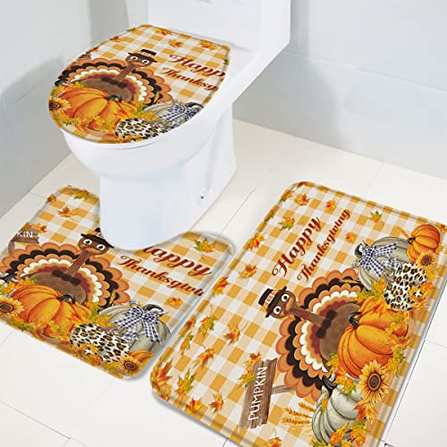 Thanksgiving 3-teiliges Badezimmerteppich-Set Harvest Farm Turkey Pumpkin Sunflower Yellow Buffalo Plaid Strapazierfähiges weiches Badematten-Set mit Konturteppich Toilettendeckelbezug for Badewanne, – Bild 6