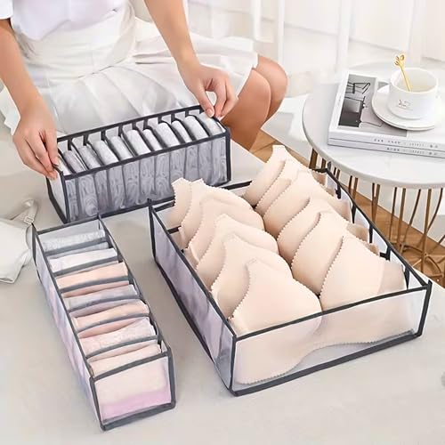 Image of atorakushon Mesh Grid Foldable Storage Organizer for Clothes| Cabinet Closet | Undergarments Almirah & Wardrobe Organiser Box For Socks, Bra, Tie, And Scarfs, Underwear & Panties Set of 3 Grey