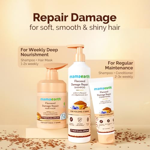 Image of Mamaearth Flaxseed Damage Repair Conditioner with 2% Flaxseed, 1% Hyaluronic Acid, Ceramides | Makes Hair Soft, Smooth & Shiny | Deeply Conditions | Dry & Frizzy Hair | Sulphate & Paraben Free | 180 ml