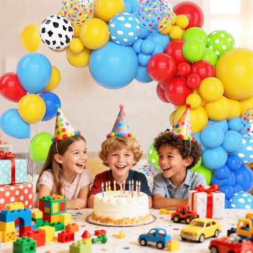 Image of Amandir 153Pcs Blue Red Yellow Balloon Arch Garland Kit Different Sizes | 18 12 10 5 Cow Cloud Pattern Green Confetti Latex Balloons For Cartoon Theme Birthday Shower Decorations