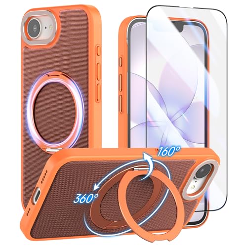 Eastcoo for iPhone 17e /16e Case, Magnetic Cases Compatible with MagSafe, Technical Fabric Carbon Fiber Design with 360 Ring Stand,Skin-Feel Shockproof PC Phone Cover with Screen Protector Orange