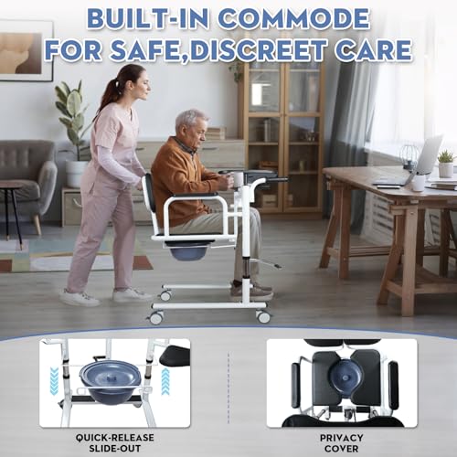 Image of Patient Lift Transfer Chair for Elderly and Home, Portable Adjustable Height Lift Nursing Wheelchair 180 Split PU Leather and Thickened Sponge Seat