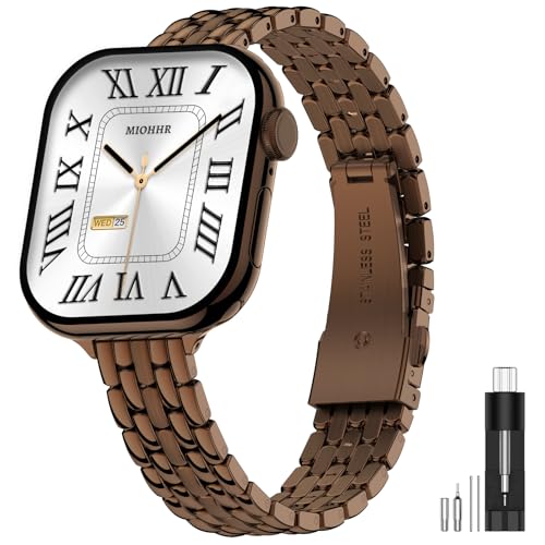 Image of Slim Metal Bands for Apple Watch 49 /46 /45 /44 /42mm(Series 3 /2 /1) | Thin Shiny Stainless Steel Strap Bands for Women, Fit iWatch Series 11 10 9 8 7 6 5 4 3 2 1 SE3 SE2 SE, Ultra 3 /2 /1, Coffee