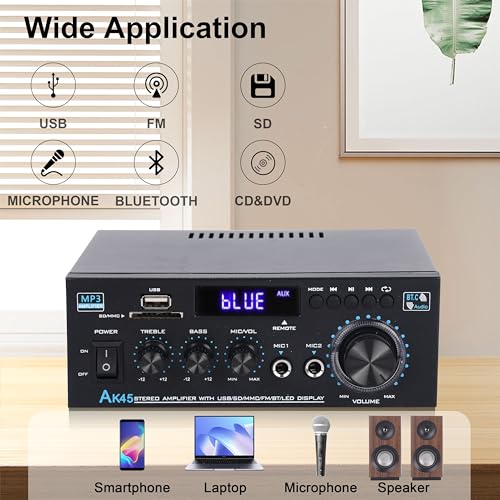 Image of Stereo Audio Amplifier 2026 Upgraded AK45 Bluetooth Receiver for Home Stereo, 400W 2 Channel Wireless Bluetooth 5.0 Power Amplifier System with FM Radio, USB, SD Card, and Remote Control