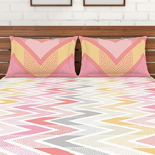 Image of Spaces Atrium 100% Cotton King Size Fitted Double Bedsheet with 2 Pillow Covers - Coral(1.83m&1.98m&(0.3m Drop))