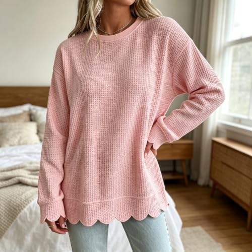 Crewneck Sweatshirts Women Waffle Oversized Vintage Scalloped Sweatshirt - image 5