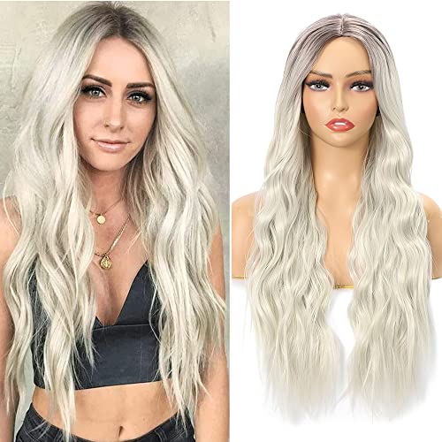 Long Omber Blonde Wavy Wig For Women Elegant Platinum Blonde Color Ombre Silver White Wavy Hair Wig Long Wavy Hair Wig Middle Part Blonde Wig Dark Roots 26 inches (Platinum Blonde)