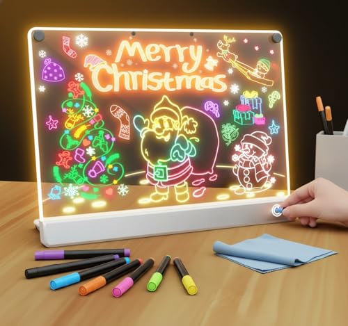 Tablón Luminoso para Escribir y Dibujar para Niños con 7 Bolígrafos, 4 Modos de Luz RGB y Superficie Magnética - Pizarra Luminosa con Mensaje LED (30x20cm) para Casa/Escuela/Oficina